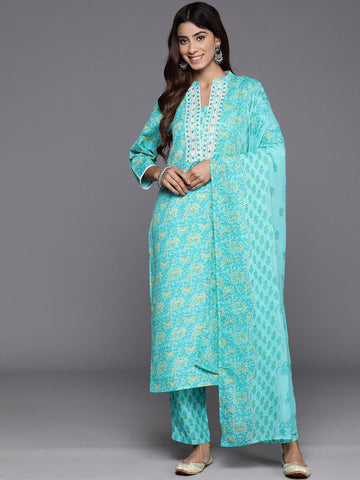 Varanga Women Blue Floral Kurta Paired With Bottom & Dupatta